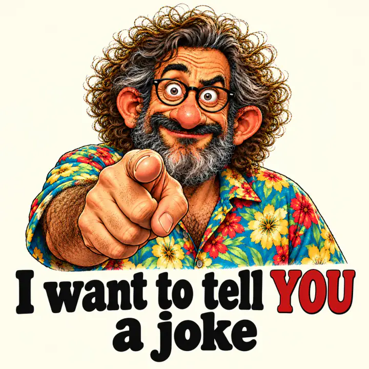Dad, in a flowered shirt, points straight at you: I want to tell YOU a joke.